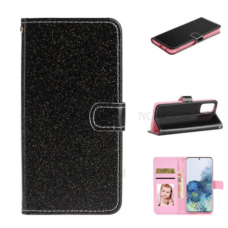 Flash Powder Leather Wallet Stand Case for Samsung Galaxy S20 - Black-1