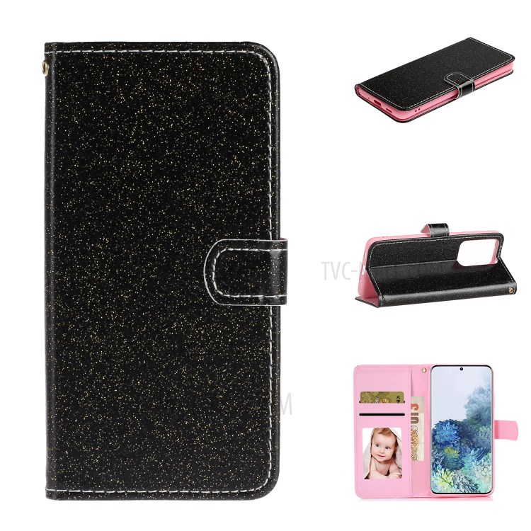 Flash Powder Wallet Stand PU Leather Flip Cover for Samsung Galaxy S20 Ultra - Black-1