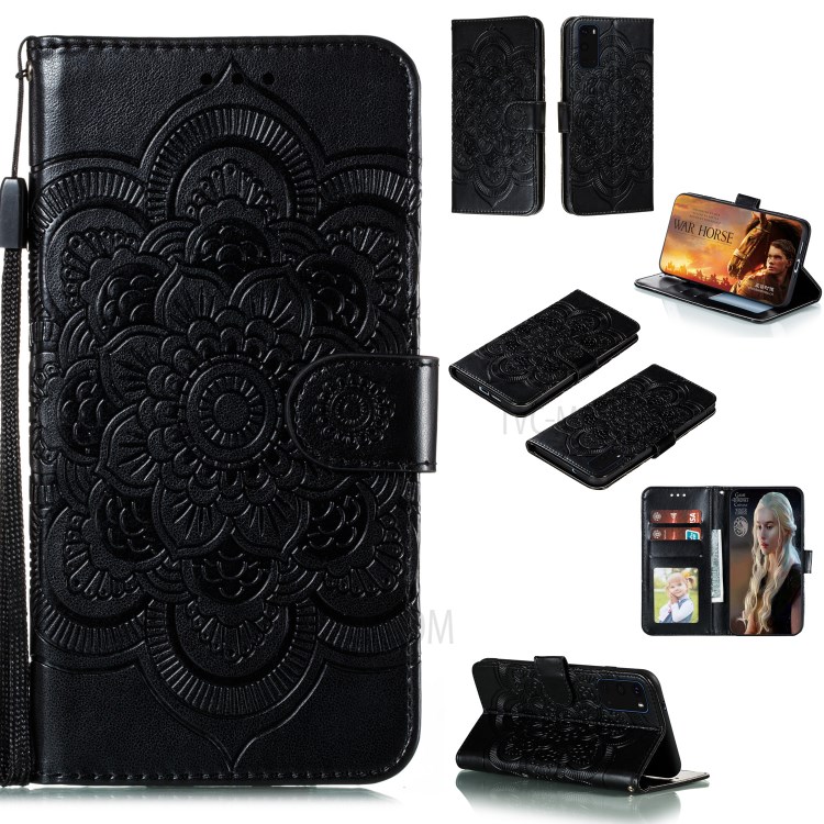 Imprint Mandala Flower Leather Wallet Case for Samsung Galaxy S20 Plus - Black-1