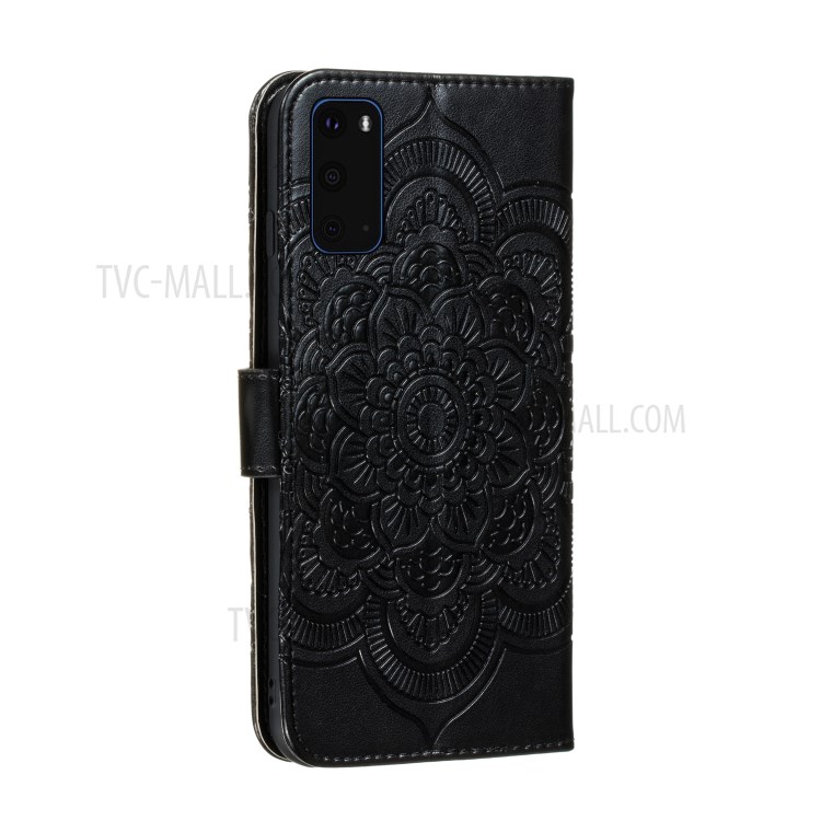 Imprint Mandala Flower Leather Wallet Case for Samsung Galaxy S20 Plus - Black-4