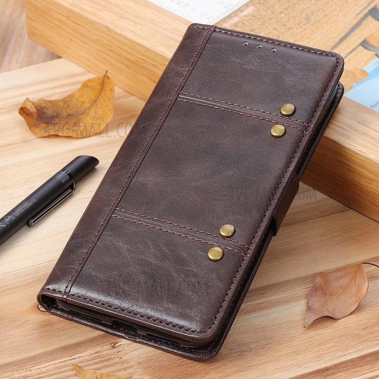 Rivet Decorated Leather with Wallet Cell Phone Case for Samsung Galaxy M31 - Brown-3