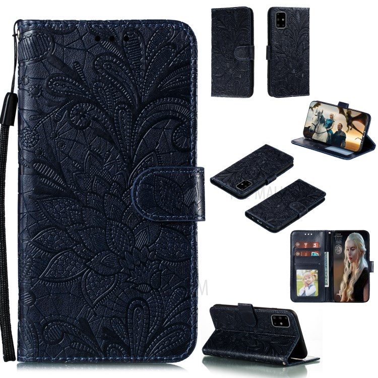 Imprinted Lace Flower Surface Leather Wallet Cover for Samsung Galaxy A51 - Dark Blue-1