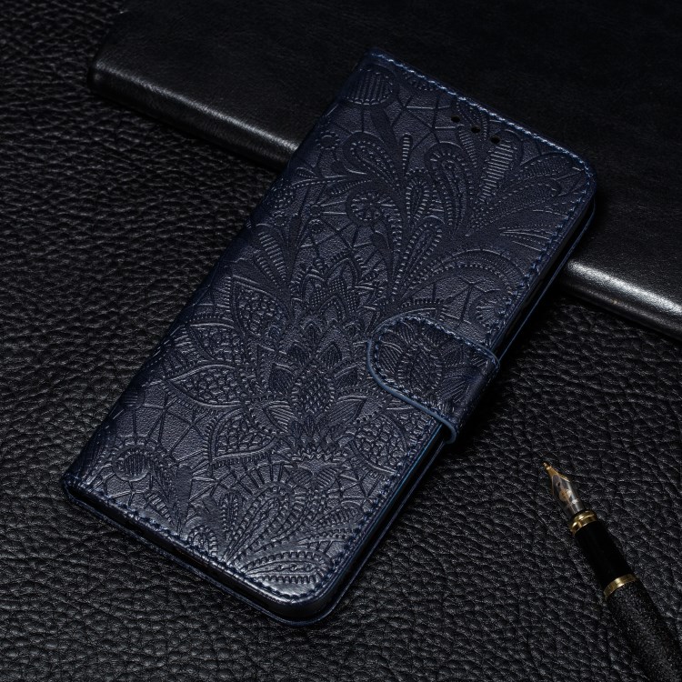 Imprinted Lace Flower Surface Leather Wallet Cover for Samsung Galaxy A51 - Dark Blue-11