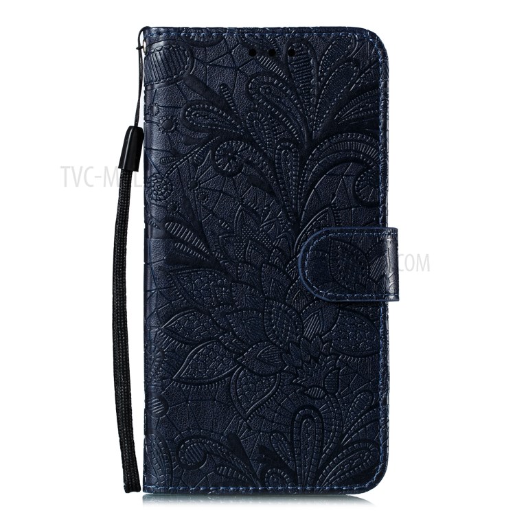 Imprinted Lace Flower Surface Leather Wallet Cover for Samsung Galaxy A51 - Dark Blue-2