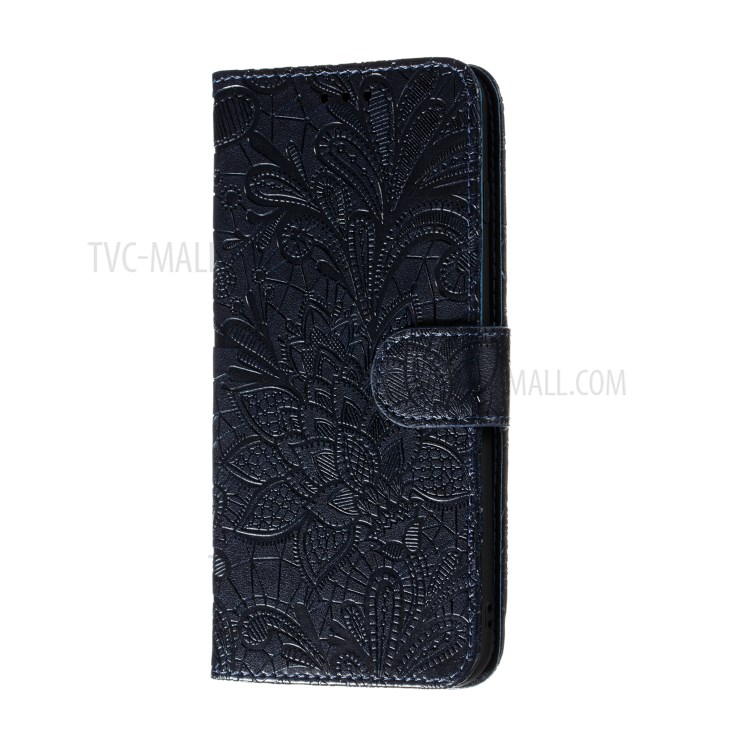 Imprinted Lace Flower Surface Leather Wallet Cover for Samsung Galaxy A51 - Dark Blue-3