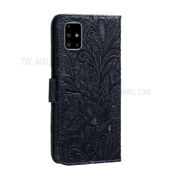Imprinted Lace Flower Surface Leather Wallet Cover for Samsung Galaxy A51 - Dark Blue-4