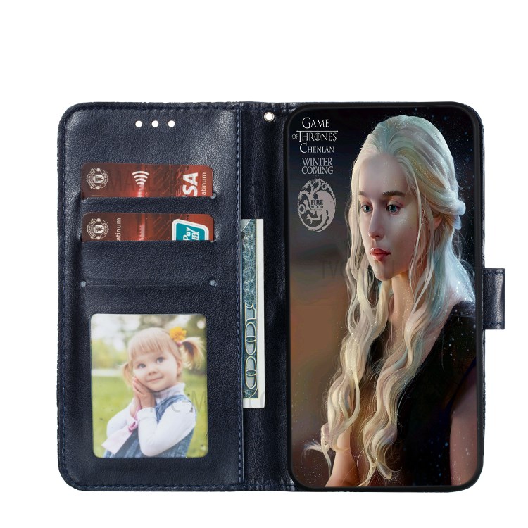 Imprinted Lace Flower Surface Leather Wallet Cover for Samsung Galaxy A51 - Dark Blue-5