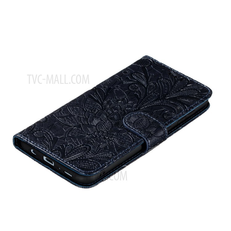 Imprinted Lace Flower Surface Leather Wallet Cover for Samsung Galaxy A51 - Dark Blue-6