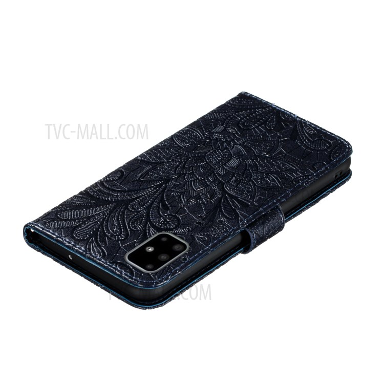 Imprinted Lace Flower Surface Leather Wallet Cover for Samsung Galaxy A51 - Dark Blue-7