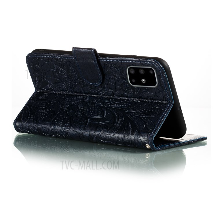 Imprinted Lace Flower Surface Leather Wallet Cover for Samsung Galaxy A51 - Dark Blue-8