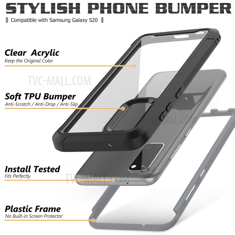 Stylish TPU Bumper + PC Frame + Acrylic Back Hybrid Case for Samsung Galaxy S20 - Black-2