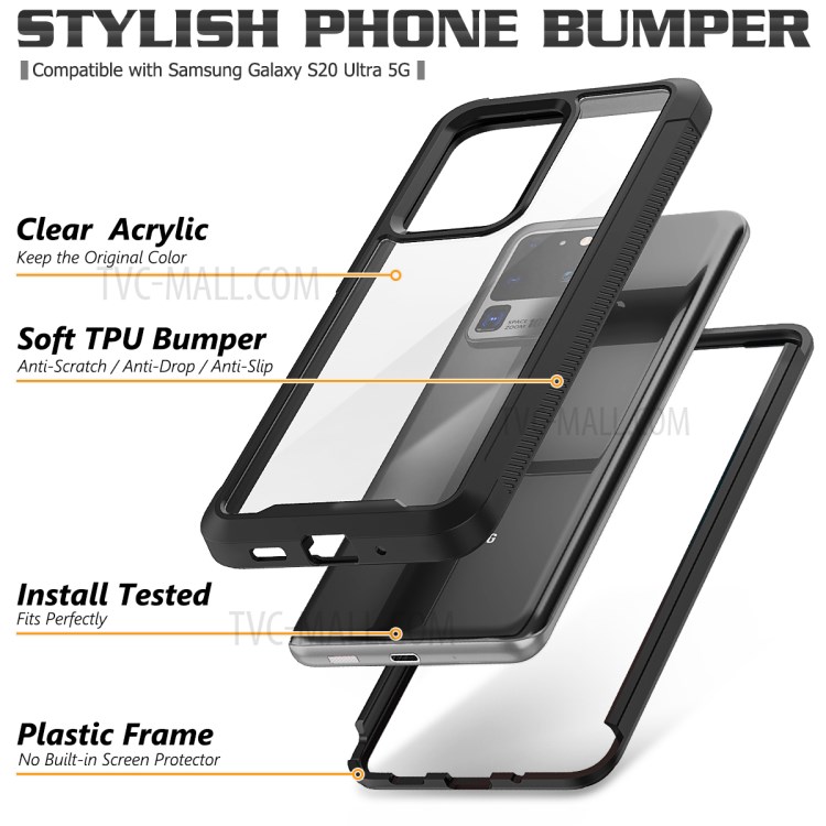 PC Frame TPU Bumper Acrylic Back Hybrid Phone Shell Covering for Samsung Galaxy S20 ultra - Black-2