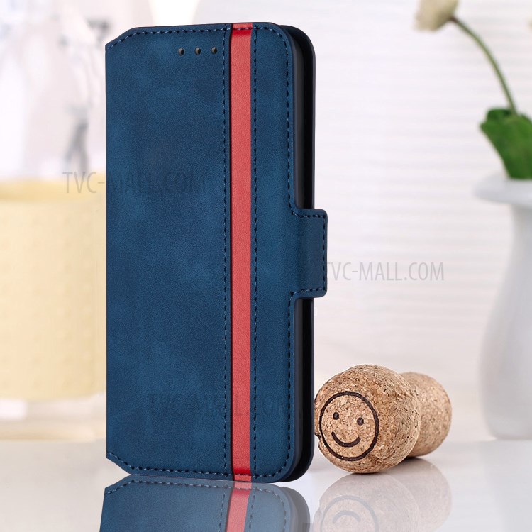 Retro Style Splicing Matte Leather Case Card Holder for Samsung Galaxy A40 - Blue-12