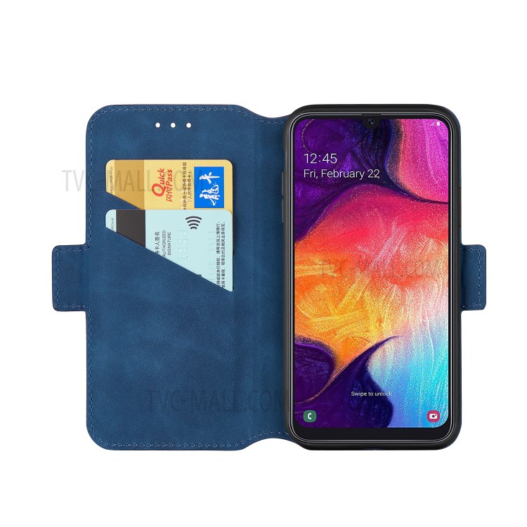 Retro Style Splicing Matte Leather Case Card Holder for Samsung Galaxy A40 - Blue-6