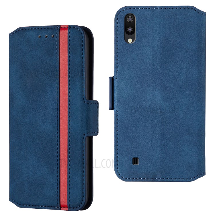 Retro Style Splicing Matte Leather Cover Card Holder Case for Samsung Galaxy A10 - Blue-1