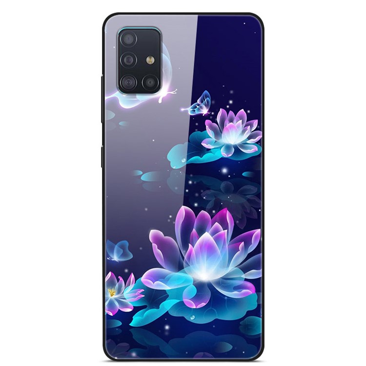 Pattern Printing Tempered Glass PC TPU Hybrid Phone Case for Samsung Galaxy A51 - Lotus-1