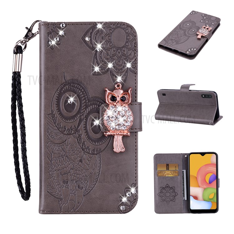 Rhinestone Decoration Imprint Owl Leather Wallet Stand Phone Cover Shell for Samsung Galaxy A01 - Brown-1