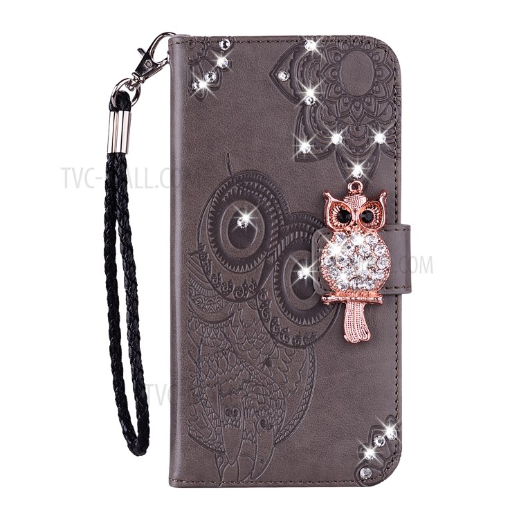 Rhinestone Decoration Imprint Owl Leather Wallet Stand Phone Cover Shell for Samsung Galaxy A01 - Brown-2