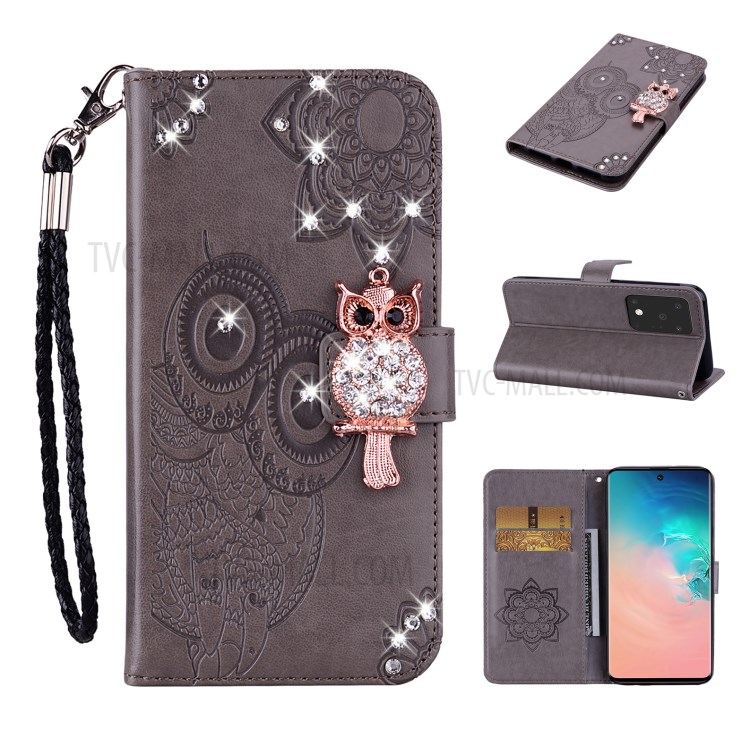 Imprint Flower Owl Rhinestone Decor Leather Wallet Case for Samsung Galaxy S20 Plus - Grey-1