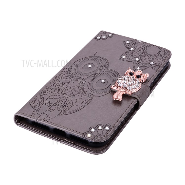 Imprint Flower Owl Rhinestone Decor Leather Wallet Stand Case for Samsung Galaxy A21 - Grey-3