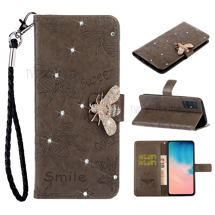 Bee Pattern Rhinestone Decor Leather Wallet Stand Phone Case for Samsung Galaxy A51 - Brown-1