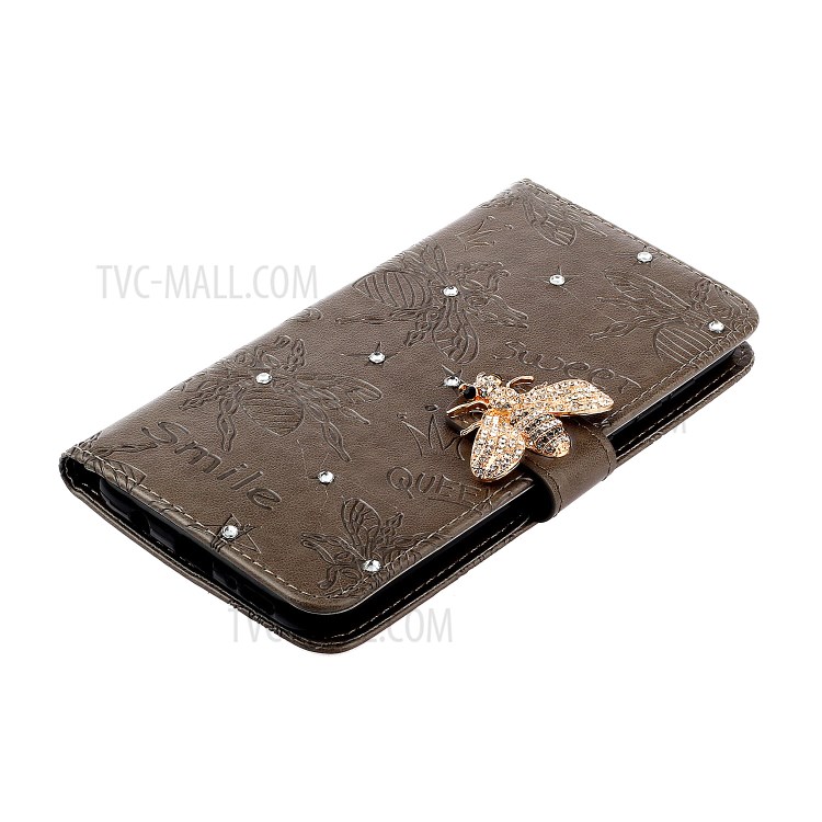 Bee Pattern Rhinestone Decor Leather Wallet Stand Phone Case for Samsung Galaxy A51 - Brown-3