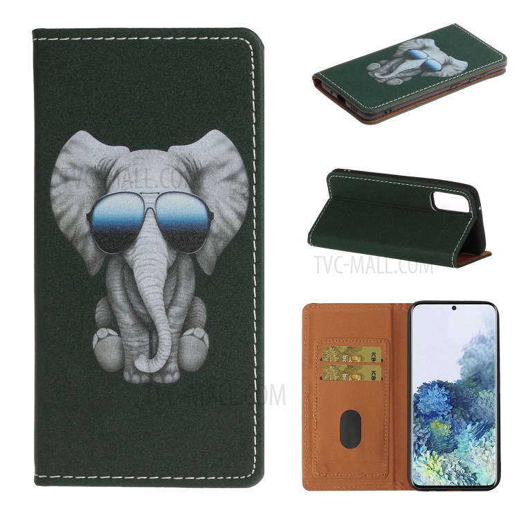 Pattern Printing Leather Shell Stand Case with Card Slots for Samsung Galaxy S20 Plus - Elephant-1