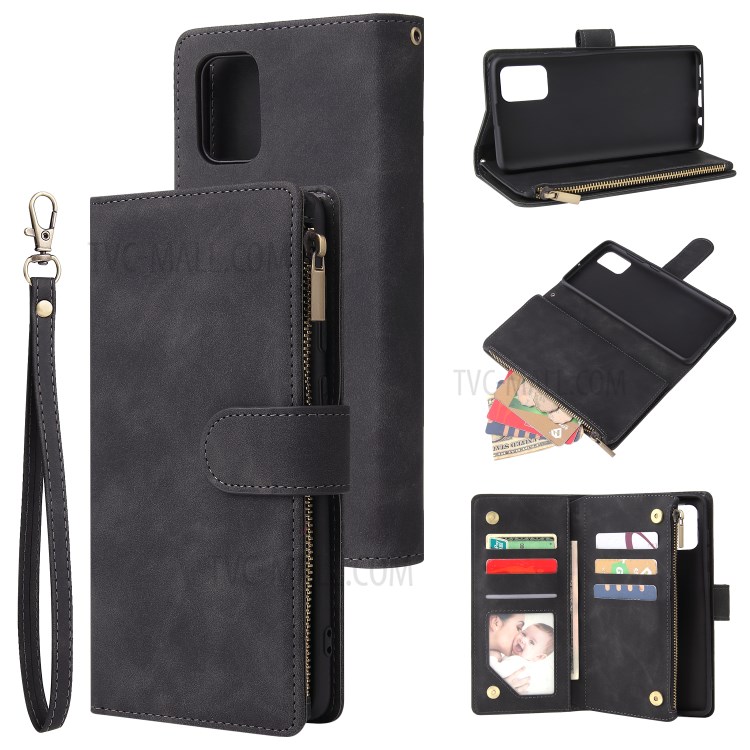 Zipper Pocket Multiple Card Slots Leather Stand Case for Samsung Galaxy A71 - Black-1