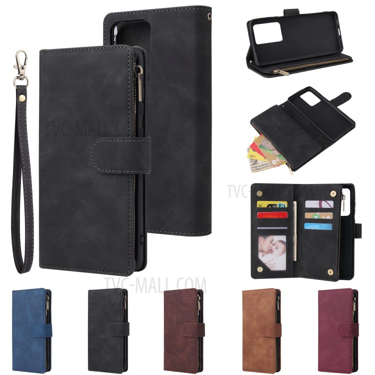 Zipper Pocket Multiple Card Slots Leather Stand Case for Samsung Galaxy S20 Ultra - Wine Red-9