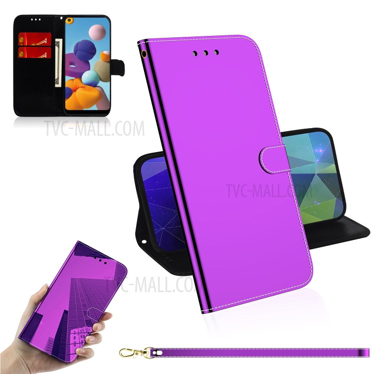 Mirror-like Surface Flip Leather Wallet Stand Protective Case for Samsung Galaxy A21 - Purple-1