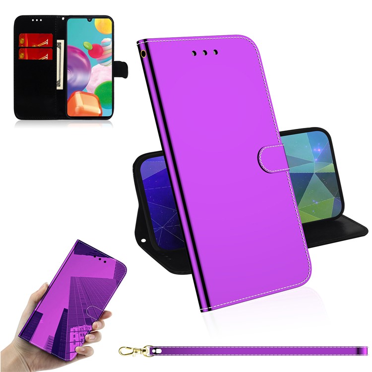 Mirror-like Surface Leather Wallet Stand Protective Case for Samsung Galaxy A41 - Purple-1