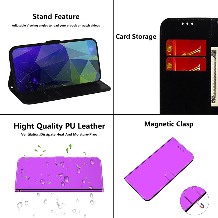 Custodia Protettiva Per il Portafoglio in Pelle di Superficie Simile a Specchio Per Samsung Galaxy A41 - Viola