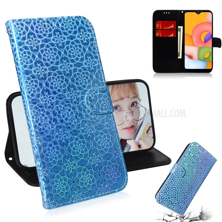 Flower Pattern Wallet Leather Stand Case for Samsung Galaxy A01 - Blue-1