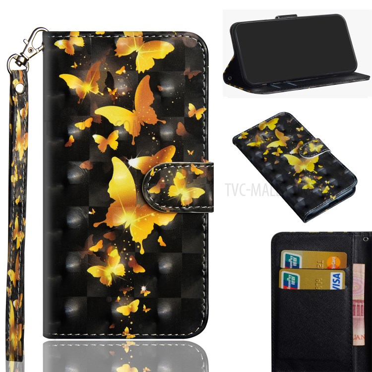 Light Spot Decor Patterned Leather Wallet Stand Case for Samsung Galaxy A91/S10 Lite - Gold Butterfly-1