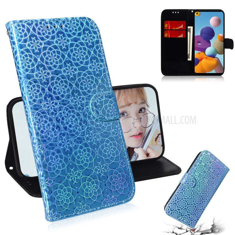 Flower Pattern Magnetic Leather Stand Case for Samsung Galaxy A21 - Blue-1