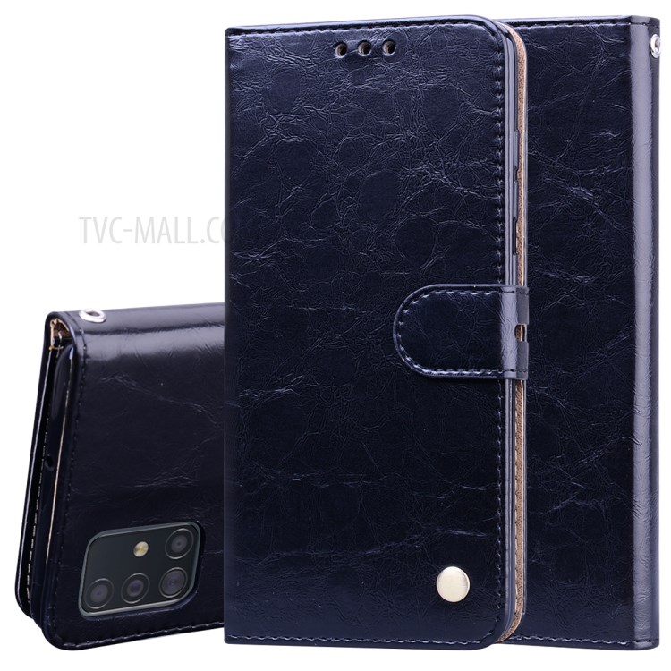 Business Style Oil Wax PU Leather Wallet Stand Mobile Phone Cover for Samsung Galaxy A71 - Black-1