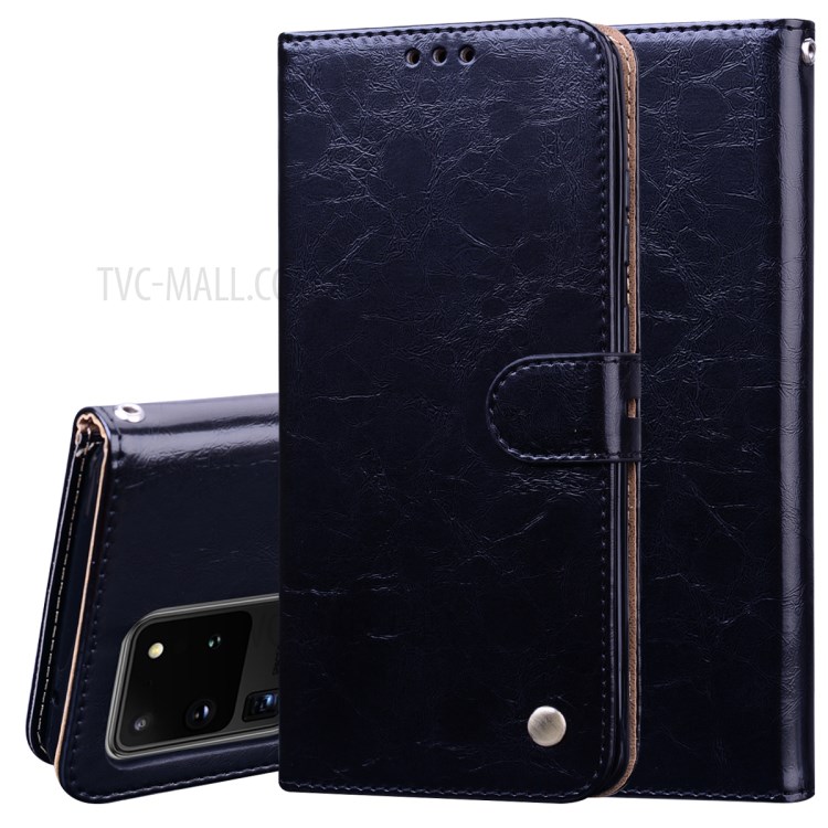 Business Style Oil Wax PU Leather Wallet Cover for Samsung Galaxy S20 Ultra - Black-1