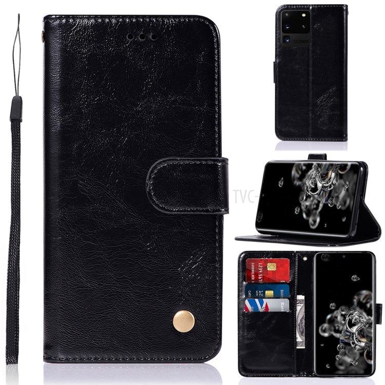 Premium Vintage Leather Wallet Case for Samsung Galaxy S20 Ultra - Black-1