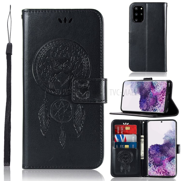 Imprinted Dream Catcher Owl Leather Wallet Stand Case for Samsung Galaxy S20 Plus - Black-1