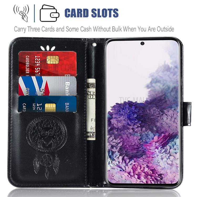 Imprinted Dream Catcher Owl Leather Wallet Stand Case for Samsung Galaxy S20 Plus - Black-8