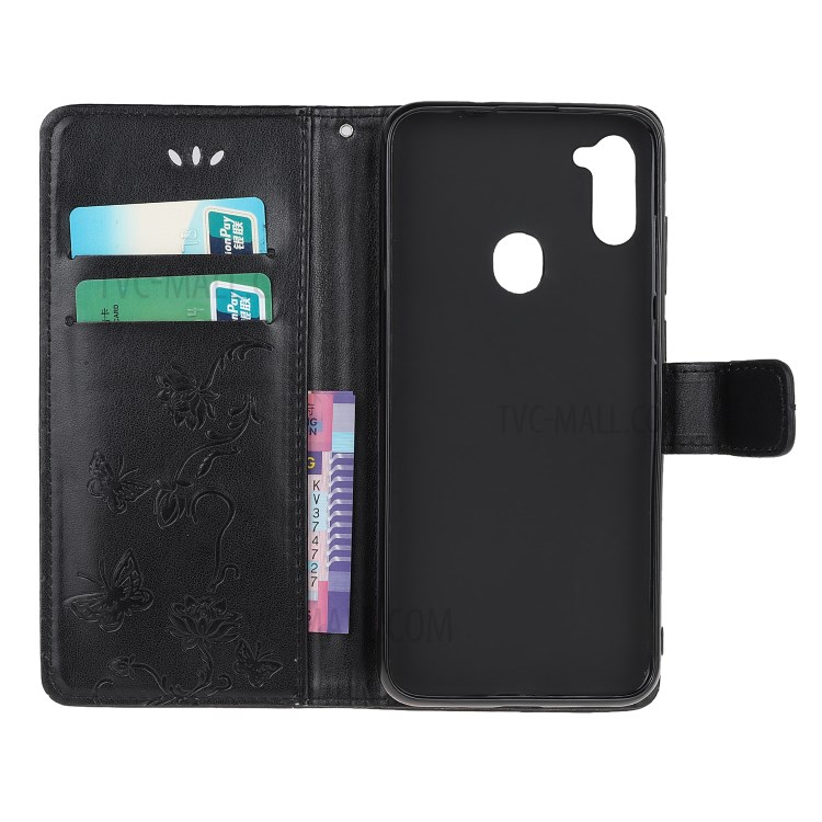 Imprint Butterfly Flowers Leather Wallet Case for Samsung Galaxy A11 - Black-9