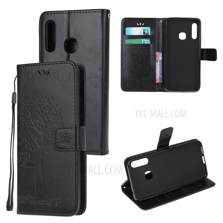 Imprint Tree Owl PU Leather Wallet Case for Samsung Galaxy A70e - Black-1