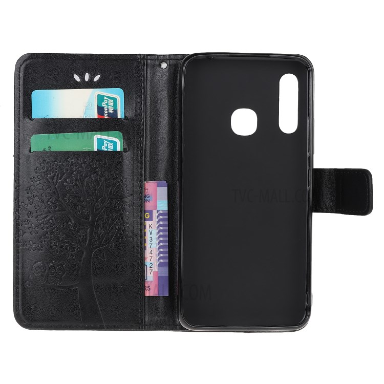 Imprint Tree Owl PU Leather Wallet Case for Samsung Galaxy A70e - Black-9