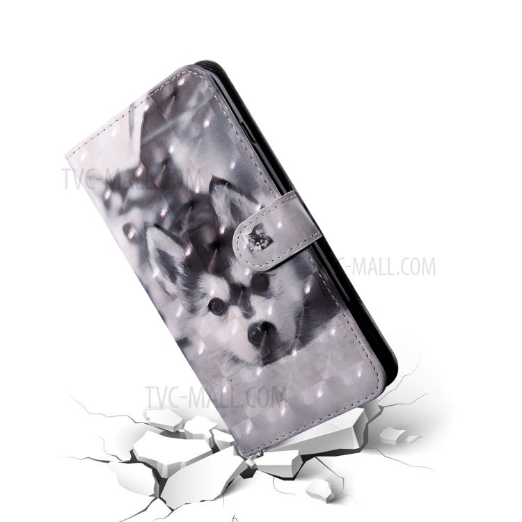 Light Spot Decor Patterned Leather Wallet Stand Case for Samsung Galaxy A21 - Black and White Wolf-4