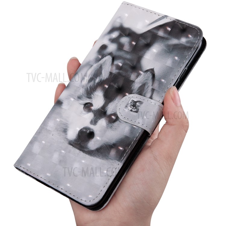 Light Spot Decor Patterned Leather Wallet Stand Case for Samsung Galaxy A21 - Black and White Wolf-5