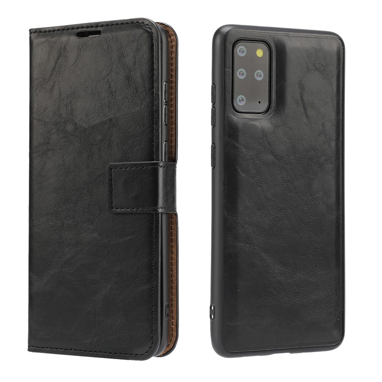 Crazy Horse Skin Unique Leather Wallet Case for Samsung Galaxy S20 Plus/S20 Plus 5G - Black-1