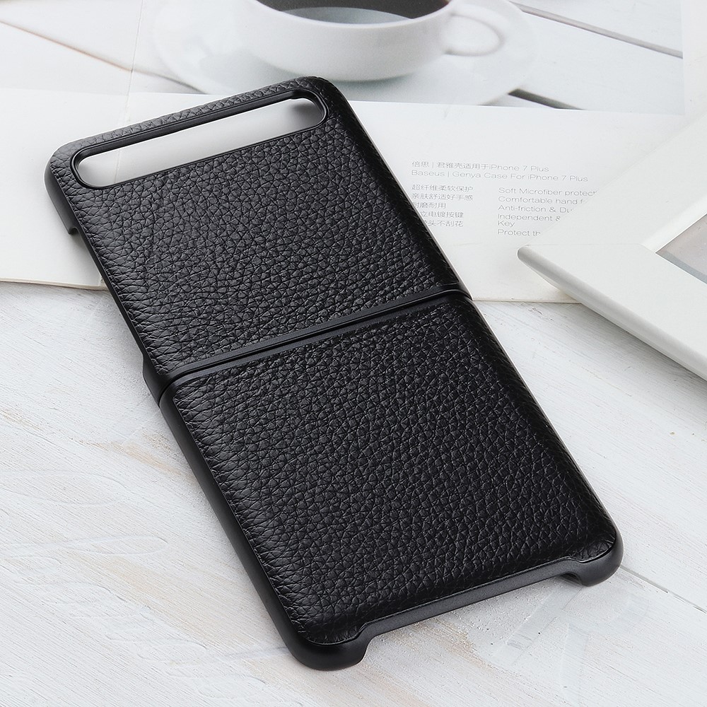 Litchi Texture Genuine Leather Skin Coated PC Cell Phone Case for Samsung Galaxy Z Flip - Black-2