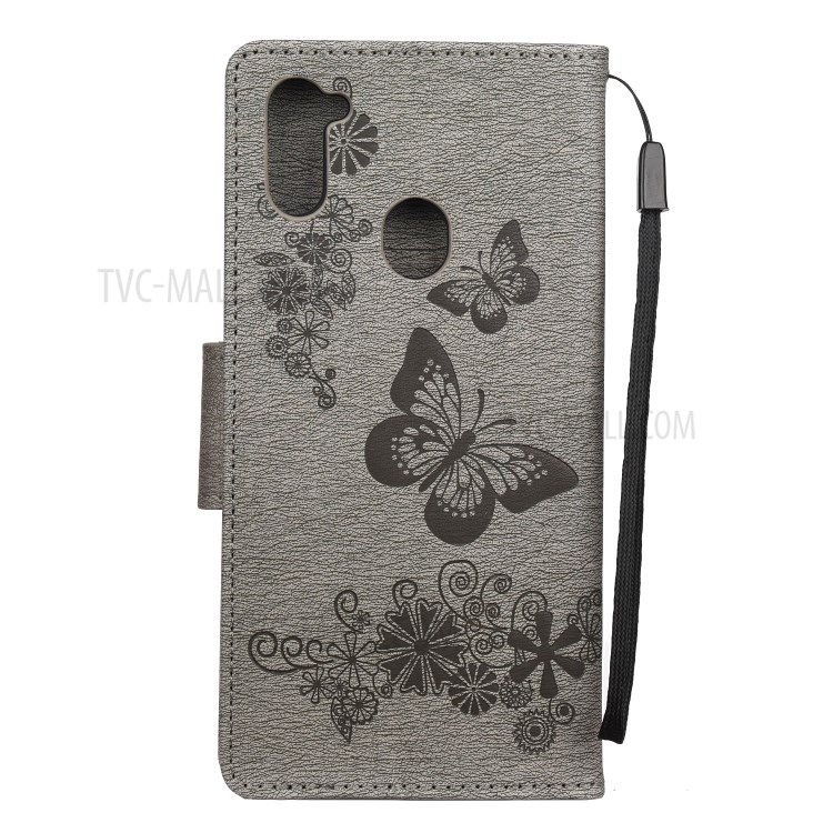 Imprint Butterfly Flower Leather Covering Wallet Phone Case for Samsung Galaxy A11 - Grey-3