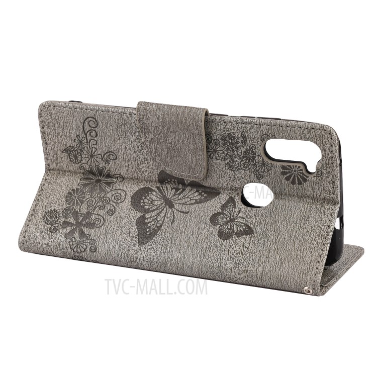 Imprint Butterfly Flower Leather Covering Wallet Phone Case for Samsung Galaxy A11 - Grey-6