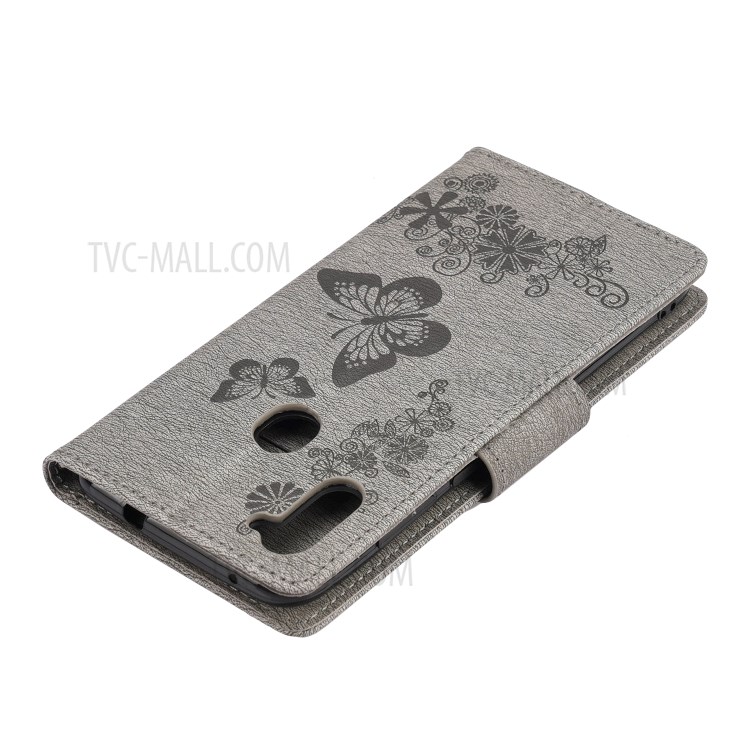 Imprint Butterfly Flower Leather Covering Wallet Phone Case for Samsung Galaxy A11 - Grey-7